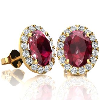 3.40 Carat Oval Shape Ruby and Halo Diamond Stud Earrings In 14 Karat Yellow Gold