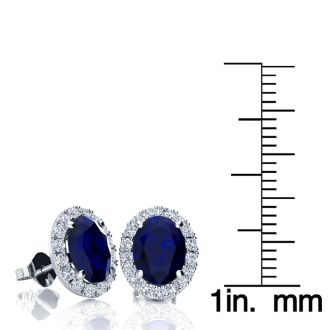 3 1/2 Carat Oval Shape Sapphire and Halo Diamond Stud Earrings In 14 Karat White Gold