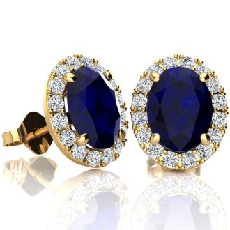 3 1/2 Carat Oval Shape Sapphire and Halo Diamond Stud Earrings In 14 Karat Yellow Gold