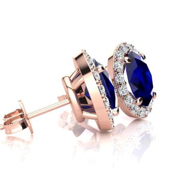 3 1/2 Carat Oval Shape Sapphire and Halo Diamond Stud Earrings In 14 Karat Rose Gold
