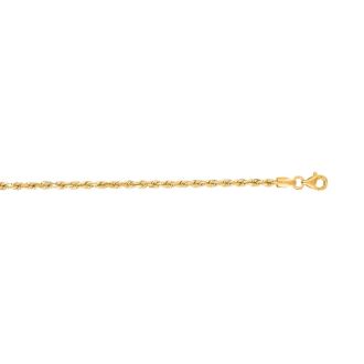14 Karat Yellow Gold 2.50mm 7 Inch Solid Diamond Cut Rope Chain