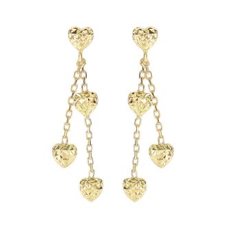 14 Karat Yellow Gold 1.25 inch Heart & Chain Dangle Earrings