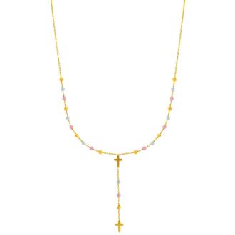 14 Karat Yellow, White & Rose Gold 17 inch Beaded Lariat Rosary & Cross Necklace
