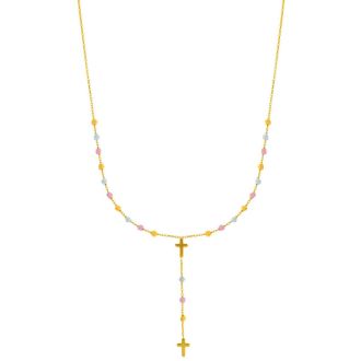 14 Karat Yellow, White & Rose Gold 17 inch Beaded Lariat Rosary & Cross Necklace