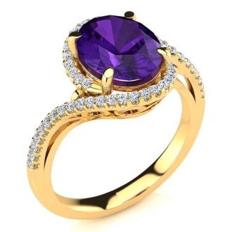 2 1/2 Carat Oval Shape Amethyst and Halo Diamond Ring In 14 Karat Yellow Gold