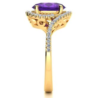2 1/2 Carat Oval Shape Amethyst and Halo Diamond Ring In 14 Karat Yellow Gold