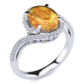 2 1/2 Carat Oval Shape Citrine and Halo Diamond Ring In 14 Karat White Gold