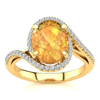 2 1/2 Carat Oval Shape Citrine and Halo Diamond Ring In 14 Karat Yellow Gold