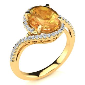 2 1/2 Carat Oval Shape Citrine and Halo Diamond Ring In 14 Karat Yellow Gold