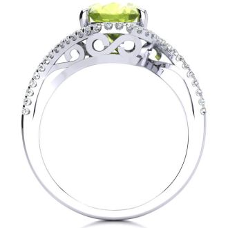 2 3/4 Carat Oval Shape Peridot and Halo Diamond Ring In 14 Karat White Gold