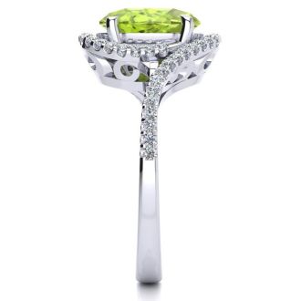 2 3/4 Carat Oval Shape Peridot and Halo Diamond Ring In 14 Karat White Gold