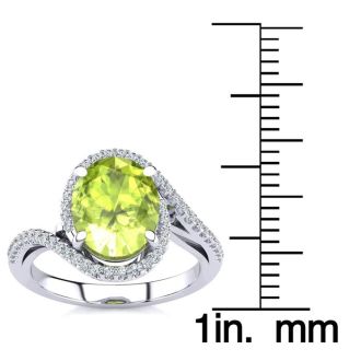 2 3/4 Carat Oval Shape Peridot and Halo Diamond Ring In 14 Karat White Gold
