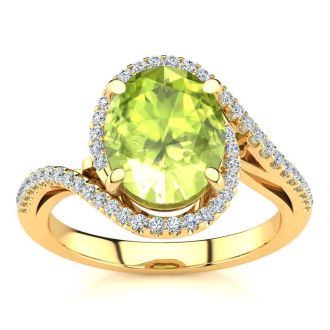 2 3/4 Carat Oval Shape Peridot and Halo Diamond Ring In 14 Karat Yellow Gold