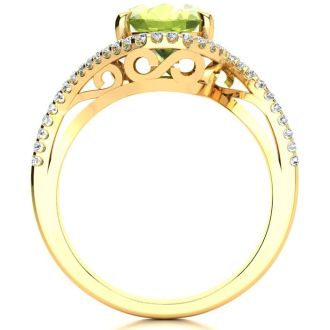 2 3/4 Carat Oval Shape Peridot and Halo Diamond Ring In 14 Karat Yellow Gold