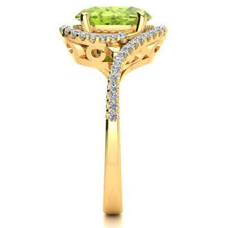 2 3/4 Carat Oval Shape Peridot and Halo Diamond Ring In 14 Karat Yellow Gold