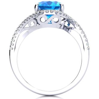 3 1/2 Carat Oval Shape Blue Topaz and Halo Diamond Ring In 14 Karat White Gold