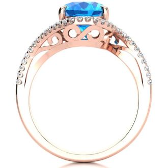 3 1/2 Carat Oval Shape Blue Topaz and Halo Diamond Ring In 14 Karat Rose Gold