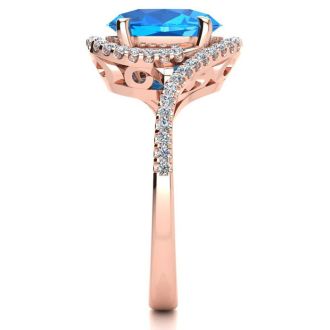 3 1/2 Carat Oval Shape Blue Topaz and Halo Diamond Ring In 14 Karat Rose Gold