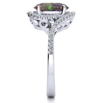 2-1/2 Carat Oval Shape Mystic Topaz Ring With Curving Diamond Halo In 14 Karat White Gold