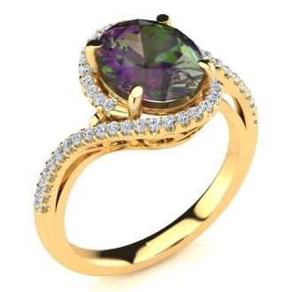 2-1/2 Carat Oval Shape Mystic Topaz Ring With Curving Diamond Halo In 14 Karat Yellow Gold