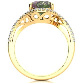 2-1/2 Carat Oval Shape Mystic Topaz Ring With Curving Diamond Halo In 14 Karat Yellow Gold