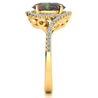 2-1/2 Carat Oval Shape Mystic Topaz Ring With Curving Diamond Halo In 14 Karat Yellow Gold