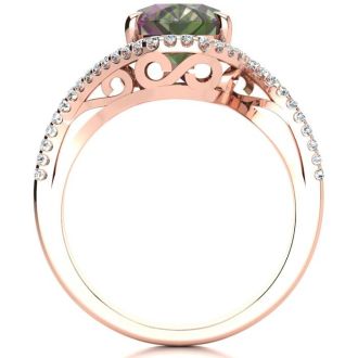 2-1/2 Carat Oval Shape Mystic Topaz Ring With Curving Diamond Halo In 14 Karat Rose Gold