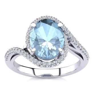 Aquamarine Ring: Aquamarine Jewelry: 2 1/2 Carat Oval Shape Aquamarine and Halo Diamond Ring In 14 Karat White Gold