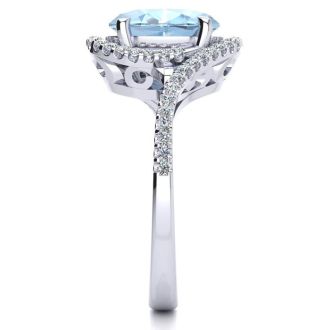 Aquamarine Ring: Aquamarine Jewelry: 2 1/2 Carat Oval Shape Aquamarine and Halo Diamond Ring In 14 Karat White Gold
