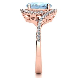 Aquamarine Ring: Aquamarine Jewelry: 2 1/2 Carat Oval Shape Aquamarine and Halo Diamond Ring In 14 Karat Rose Gold