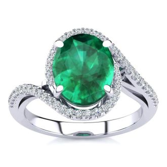 2 1/2 Carat Oval Shape Emerald and Halo Diamond Ring In 14 Karat White Gold