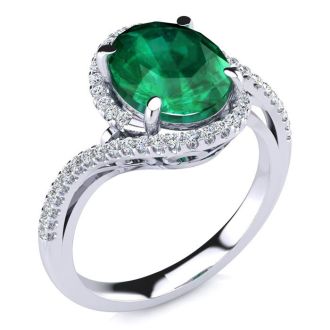 2 1/2 Carat Oval Shape Emerald and Halo Diamond Ring In 14 Karat White Gold