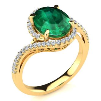 2 1/2 Carat Oval Shape Emerald and Halo Diamond Ring In 14 Karat Yellow Gold