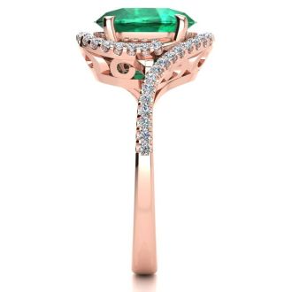 2 1/2 Carat Oval Shape Emerald and Halo Diamond Ring In 14 Karat Rose Gold