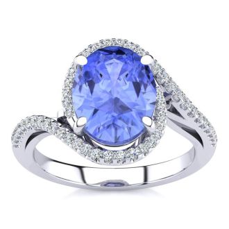 2 3/4 Carat Oval Shape Tanzanite and Halo Diamond Ring In 14 Karat White Gold