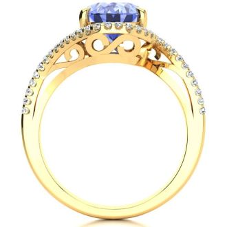 2 3/4 Carat Oval Shape Tanzanite and Halo Diamond Ring In 14 Karat Yellow Gold