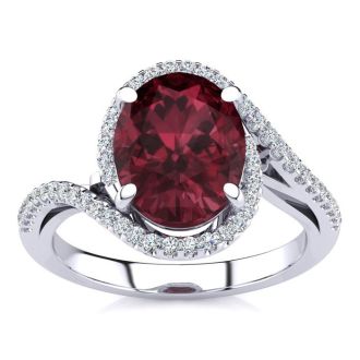 Garnet Ring: Garnet Jewelry: 3 1/3 Carat Oval Shape Garnet and Halo Diamond Ring In 14 Karat White Gold