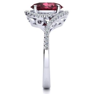 Garnet Ring: Garnet Jewelry: 3 1/3 Carat Oval Shape Garnet and Halo Diamond Ring In 14 Karat White Gold