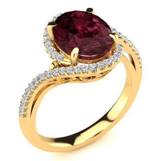 Garnet Ring: Garnet Jewelry: 3 1/3 Carat Oval Shape Garnet and Halo Diamond Ring In 14 Karat Yellow Gold
