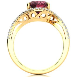 Garnet Ring: Garnet Jewelry: 3 1/3 Carat Oval Shape Garnet and Halo Diamond Ring In 14 Karat Yellow Gold