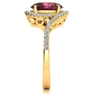 Garnet Ring: Garnet Jewelry: 3 1/3 Carat Oval Shape Garnet and Halo Diamond Ring In 14 Karat Yellow Gold