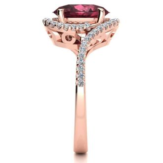 Garnet Ring: Garnet Jewelry: 3 1/3 Carat Oval Shape Garnet and Halo Diamond Ring In 14 Karat Rose Gold