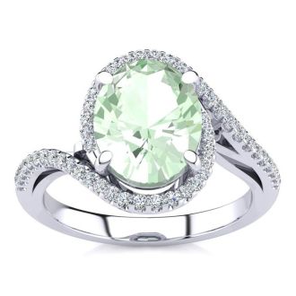 2 1/2 Carat Oval Shape Green Amethyst and Halo Diamond Ring In 14 Karat White Gold