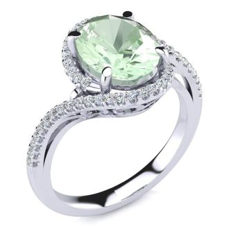 2 1/2 Carat Oval Shape Green Amethyst and Halo Diamond Ring In 14 Karat White Gold