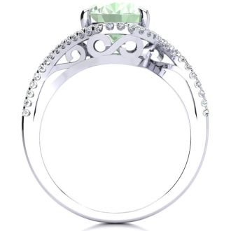 2 1/2 Carat Oval Shape Green Amethyst and Halo Diamond Ring In 14 Karat White Gold