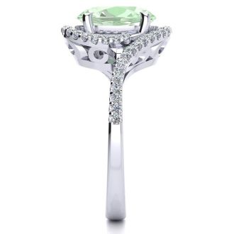 2 1/2 Carat Oval Shape Green Amethyst and Halo Diamond Ring In 14 Karat White Gold