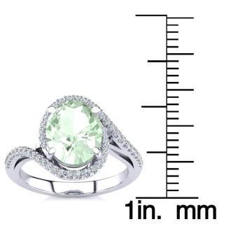 2 1/2 Carat Oval Shape Green Amethyst and Halo Diamond Ring In 14 Karat White Gold