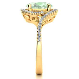 2 1/2 Carat Oval Shape Green Amethyst and Halo Diamond Ring In 14 Karat Yellow Gold