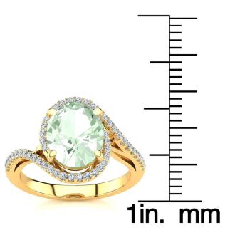 2 1/2 Carat Oval Shape Green Amethyst and Halo Diamond Ring In 14 Karat Yellow Gold
