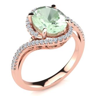 2 1/2 Carat Oval Shape Green Amethyst and Halo Diamond Ring In 14 Karat Rose Gold